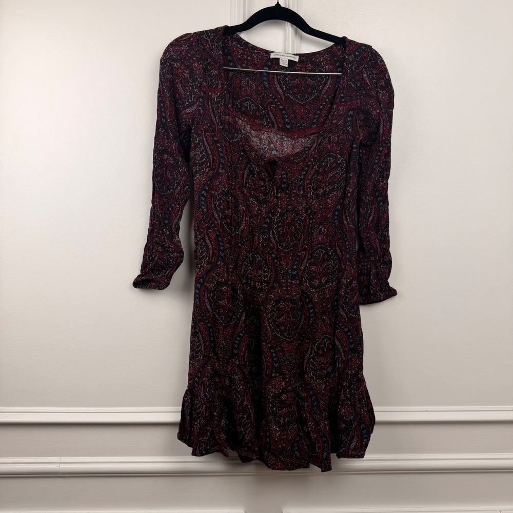 American Eagle Outfitters Burgundy Paisley Square Neck Ruffle Mini Dress XXS